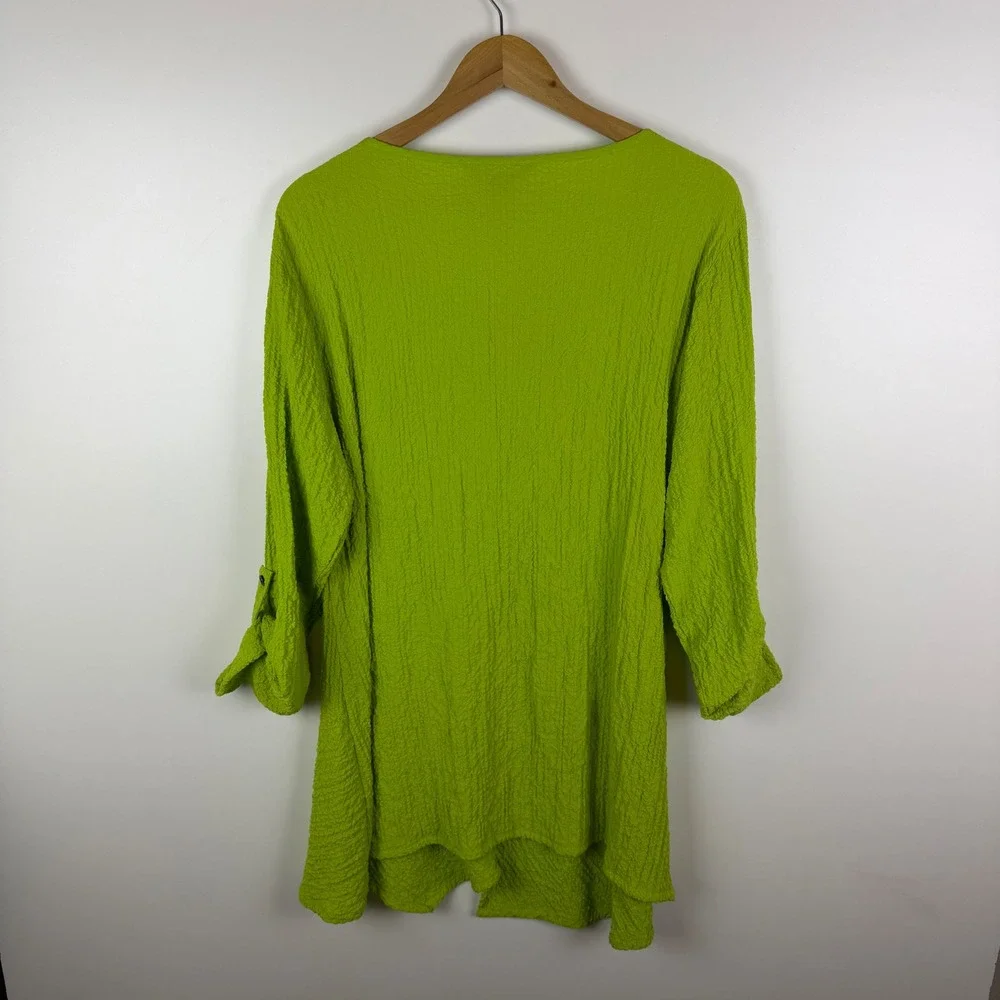 Ali Miles Womens Lime Green Textured Button Accent Roll Tab Sleeve Tunic Top L - Picture 4 of 9